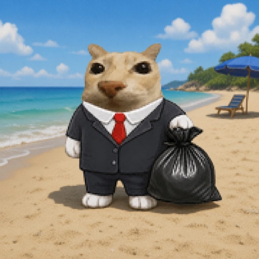 The same cat in the same suit, holding the same bin bag, standing on a beach.