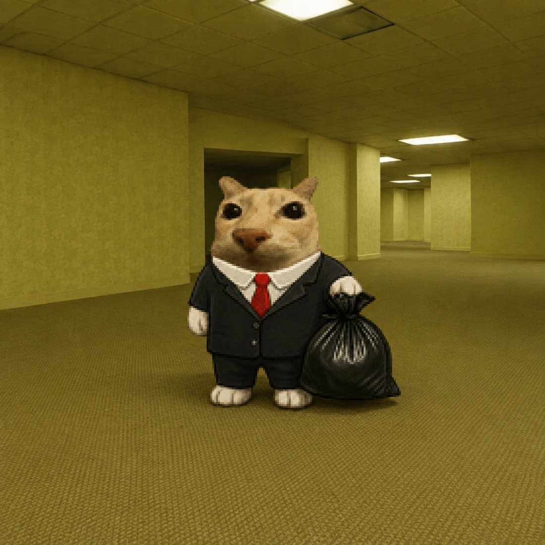 A cat in a suit holding a bin bag, alone in an empty office corridor.